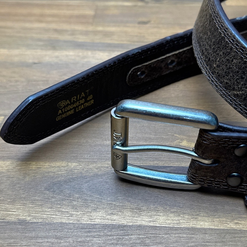 ARIAT‎ Mens Genuine Leather Belt Dark Brown Silver Buckle Size 40 A10004630